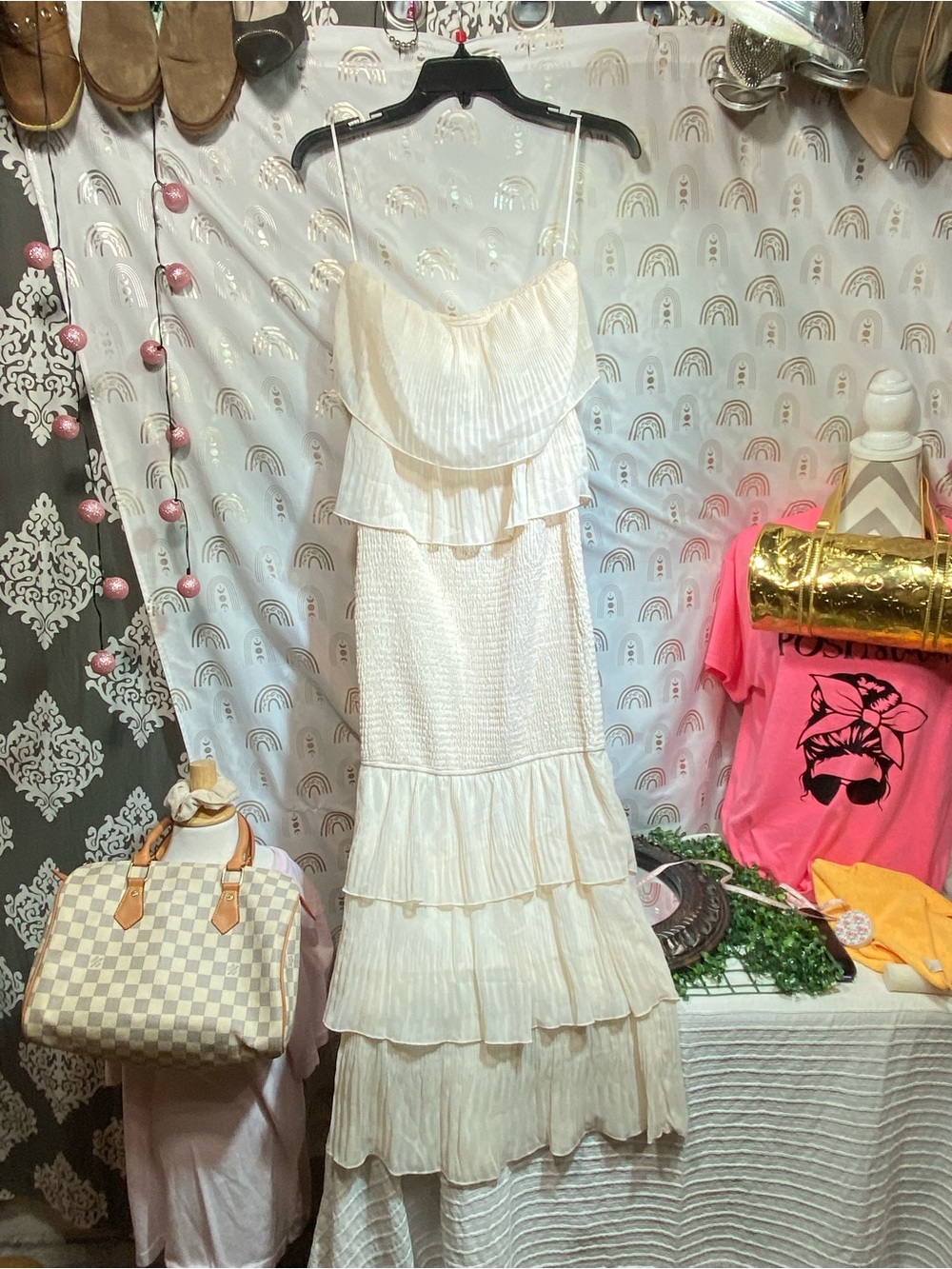SHEIN Cream Tiered Ruffle Maxi Dress